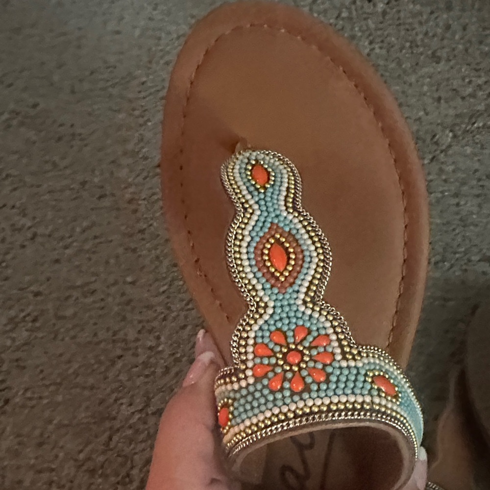 Zodiac Beaded Sandals in Tan and Turquoise - Picture 3 of 3